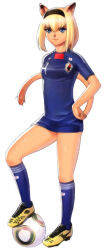 Rule 34 | 1girl, :3, animal ears, animal nose, adventurer (ff11), ball, black hairband, blonde hair, blue eyes, blue shirt, blue socks, breasts, cat ears, cat girl, cat tail, cleats, closed mouth, final fantasy, final fantasy xi, full body, hair between eyes, hairband, hand on own hip, kneehighs, long shirt, medium breasts, medium hair, mithra (ff11), shirt, shoes, short hair, short sleeves, simple background, smile, soccer ball, soccer uniform, socks, solo, sportswear, standing, tail, tail raised, taisai soft, white background, yellow footwear