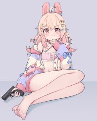 Rule 34 | 1girl, absurdres, ahoge, animal ears, barefoot, blush, bow, braid, closed mouth, ear bow, feet, full body, glock, gun, hair bow, handgun, hat ornament, highres, holding, holding gun, holding weapon, jacket, long hair, long sleeves, looking at viewer, lyrinne, navel, off shoulder, phase connect, pipkin pippa, pipkin pippa (1st costume), rabbit ears, red eyes, simple background, sitting, solo, star (symbol), star hat ornament, virtual youtuber, weapon