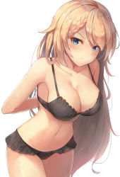 Rule 34 | 1girl, alternate hairstyle, armpits, arms behind back, bare arms, black bra, black panties, blonde hair, blue eyes, blush, bow, bow panties, bra, braid, braided bangs, breasts, cleavage, closed mouth, collarbone, commentary, cowboy shot, embarrassed, expressionless, eyebrows, eyelashes, eyes visible through hair, frilled bra, frilled panties, frills, frown, g36 (girls&#039; frontline), girls&#039; frontline, groin, hair between eyes, head tilt, highres, large breasts, leaning forward, long hair, looking at viewer, motokonut, navel, panties, see-through, shiny skin, sidelocks, simple background, solo, standing, stomach, sweatdrop, tying bra, underwear, underwear only, very long hair, white background