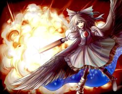 Rule 34 | 1girl, arm cannon, asymmetrical footwear, bird wings, black footwear, black hair, black wings, bow, cape, center frills, commentary, explosion, frills, green bow, green skirt, hair bow, highres, long hair, mismatched footwear, reiuji utsuho, shirt, skirt, solo, starry sky print, there2007, third eye, touhou, weapon, white shirt, wings