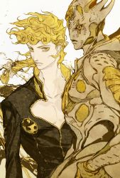 Rule 34 | 1boy, bare pectorals, black sclera, blonde hair, bow, closed mouth, colored sclera, earrings, giorno giovanna, glint, gold experience, gold experience requiem, hair bow, highres, jewelry, jojo no kimyou na bouken, long hair, male focus, mitus, pectorals, solo, spoilers, stand (jojo), upper body, vento aureo, yellow bow, yellow eyes, yellow theme