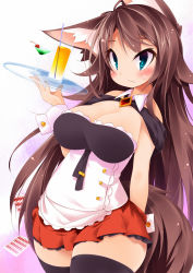 Rule 34 | 1girl, adapted costume, animal ears, blue eyes, blush, breasts, brown hair, card, cleavage, drink, fang, highres, imaizumi kagerou, jewelry, koha, large breasts, long hair, looking at viewer, playing card, sweatdrop, tail, thick thighs, thighhighs, thighs, touhou, tray, very long hair, waitress, wolf ears, wolf tail, wrist cuffs, zettai ryouiki