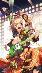 Rule 34 | 1girl, ahoge, arm up, blonde hair, blush, braid, breasts, fate/extra, fate/grand order, fate (series), french braid, green eyes, green shirt, guitar, hair between eyes, hair intakes, hair ornament, highres, instrument, large breasts, long hair, long sleeves, looking at viewer, lostroom outfit (fate), nero claudius (fate), nero claudius (fate) (all), nero claudius (fate/extra), official alternate costume, open clothes, open mouth, open shirt, orange skirt, plectrum, shirt, side ponytail, skirt, smile, solo, suryua, sweat