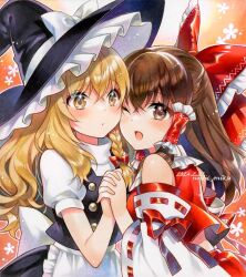 Rule 34 | 2girls, apron, black vest, blonde hair, blush, bow, braid, brown eyes, brown hair, commentary request, dated, detached sleeves, frilled bow, frilled hair tubes, frills, hair bow, hair tubes, hakurei reimu, hat, hat bow, holding hands, interlocked fingers, kirisame marisa, long hair, marker (medium), multiple girls, nordic niku, one eye closed, open mouth, red bow, ribbon-trimmed sleeves, ribbon trim, short sleeves, side braid, single braid, skirt, smile, touhou, traditional media, twitter username, vest, waist apron, white apron, white bow, witch hat, yellow eyes, yuri