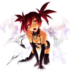 Rule 34 | 1girl, bangle, bare shoulders, black thighhighs, blush, boots, bracelet, collar, collarbone, demon tail, disgaea, elbow gloves, etna (brs-etna), etna (disgaea), feathers, gloves, jewelry, long hair, looking at viewer, open mouth, pointy ears, red eyes, red hair, short shorts, shorts, signature, solo, tail, thighhighs, twintails