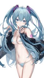 Rule 34 | 1girl, absurdres, ahoge, aqua eyes, aqua hair, aqua nails, arm tattoo, azarasi haru, bad id, bad pixiv id, bikini, blush, breasts, cleavage, cowboy shot, eyebrows hidden by hair, front-tie top, groin, hair between eyes, hatsune miku, highres, holding, holding own hair, long hair, long sleeves, looking at viewer, medium breasts, midriff, multicolored hair, nail polish, navel, number tattoo, off shoulder, open mouth, side-tie bikini bottom, simple background, solo, streaked hair, striped bikini, striped clothes, swimsuit, tattoo, thighs, twintails, vocaloid, wet, white background