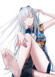 Rule 34 | 1girl, absurdres, ak-12 (girls&#039; frontline), barefoot, blue dress, blue nails, china dress, chinese clothes, cleavage cutout, closed eyes, clothing cutout, commentary request, dress, feet, foot focus, foreshortening, gincho, girls&#039; frontline, highres, long hair, parted lips, signature, simple background, sleeveless, sleeveless dress, smile, soles, solo, toes, white background, white hair