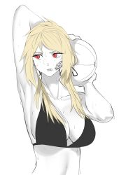Rule 34 | 1girl, absurdres, armpits, arms up, bad id, bad pixiv id, bikini, black bikini, blonde hair, breasts, cleavage, highres, long hair, mole, mole on breast, mole under eye, norunollu, open mouth, original, red eyes, shadow, simple background, slit pupils, solo, spot color, swimsuit, upper body, white background