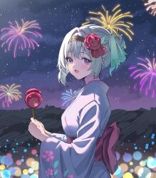 Rule 34 | 1girl, :d, aerial fireworks, alternate costume, artist name, black hairband, breasts, candy apple, devl ga aru, firefly (honkai: star rail), fireworks, flower, food, grey hair, hair flower, hair ornament, hairband, highres, holding, holding food, honkai: star rail, honkai (series), japanese clothes, kimono, looking at viewer, medium breasts, night, night sky, open mouth, short hair, sky, smile, solo, star (sky), starry sky, two-tone eyes, white kimono