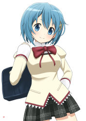Rule 34 | 1girl, absurdres, bag, black skirt, blue eyes, blue hair, blush, bow, bowtie, breasts, closed mouth, commentary request, fortissimo, hair ornament, hand on own hip, high collar, highres, juliet sleeves, long sleeves, looking at viewer, mahou shoujo madoka magica, mahou shoujo madoka magica (anime), medium breasts, miki sayaka, mitakihara school uniform, musical note, musical note hair ornament, nao suke, plaid, plaid skirt, pleated skirt, puffy sleeves, red bow, school bag, school uniform, short hair, signature, skirt, smile, solo