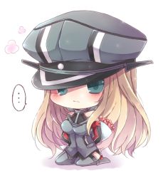 Rule 34 | ..., 10s, 1girl, aqua eyes, arms behind back, bismarck (kancolle), blue eyes, bouquet, brown hair, chibi, closed mouth, cross, flower, hat, holding, holding behind back, iron cross, kantai collection, long hair, looking at viewer, natubudou, peaked cap, seiza, sitting, solo