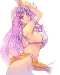 Rule 34 | 1girl, arms up, bangle, blush, bracelet, breasts, circlet, dark skin, dark-skinned female, dragon quest, dragon quest iv, jewelry, large breasts, long hair, manya (dq4), min-naraken, parted lips, pelvic curtain, purple eyes, purple hair, signature, simple background, smile, solo, white background