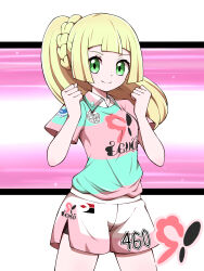 Rule 34 | 1girl, absurdres, blonde hair, clenched hands, closed mouth, collared shirt, cowboy shot, creatures (company), eyelashes, game freak, green eyes, hands up, highres, lillie (pokemon), long hair, looking at viewer, nintendo, pink shirt, pokemon, pokemon sm, pokemon swsh, ponytail, revision, shabana may, shirt, shorts, side slit, side slit shorts, smile, solo