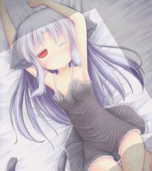 Rule 34 | 00s, 1girl, animal ears, armpits, bad id, bad pixiv id, bed, cat ears, cat tail, flat chest, half-closed eyes, kemonomimi mode, len (tsukihime), long hair, lying, melty blood, nightgown, nightmare cat, on back, red eyes, solo, tail, thigh gap, tsukihime, waking up, white hair