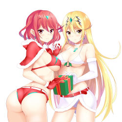 Rule 34 | 2girls, absurdres, ass, bell, belt, bikini, blonde hair, box, breasts, capelet, chest jewel, christmas, closed mouth, daive, earrings, elbow gloves, gem, gift, gift box, gloves, hair between eyes, highres, holding hands, interlocked fingers, jewelry, large breasts, long hair, multiple girls, mythra (xenoblade), pyra (xenoblade), red belt, red bikini, red capelet, red eyes, red gloves, red hair, short hair, simple background, smile, swept bangs, swimsuit, white background, white bikini, white gloves, xenoblade chronicles (series), xenoblade chronicles 2, yellow eyes
