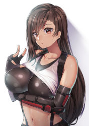 Rule 34 | 1girl, arm guards, bare shoulders, breasts, brown eyes, brown hair, clothes lift, earrings, final fantasy, final fantasy vii, final fantasy vii remake, fingerless gloves, gloves, jewelry, large breasts, lifted by self, long hair, looking at viewer, low-tied long hair, nagase haruhito, navel, shiny clothes, shirt, shirt lift, simple background, skirt, solo, sports bra, stomach, suspender skirt, suspenders, tank top, taut clothes, taut shirt, tifa lockhart, toned, upper body, white tank top