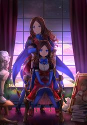 Rule 34 | 1girl, arm rest, armchair, backlighting, blue bow, blue eyes, blue gloves, blue legwear, blue neckwear, book, book stack, bow, bowtie, brown footwear, brown hair, chair, cloud, commentary request, creature, curtains, drawing (object), dual persona, dusk, fate/grand order, fate (series), figure, forehead, fou (fate), frilled skirt, frilled sleeves, frills, fujimaru ritsuka (female), fujimaru ritsuka (male), full body, glint, gloves, glowing, grin, hand on own chin, hands on own thighs, high heels, highres, hsin, indoors, knees together feet apart, leonardo da vinci (fate), leonardo da vinci (fate/grand order), leonardo da vinci (rider) (fate), loafers, long hair, long skirt, looking at viewer, night, on chair, painting (object), parted bangs, picture frame, plant, pleated skirt, portrait (object), potted plant, puff and slash sleeves, puffy short sleeves, puffy sleeves, purple eyes, red skirt, romani archaman, sculpture, shield, shoes, short sleeves, sidelocks, sitting, skirt, sky, smile, smirk, solo, star (sky), statue, statuette, table, tassel, thighhighs, v-shaped eyebrows, window, workshop, zettai ryouiki