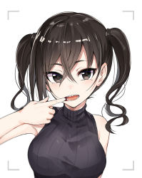 Rule 34 | 1girl, :d, armpits, bare arms, bare shoulders, black sweater, blush, breasts, brown eyes, brown hair, finger in own mouth, hair between eyes, head tilt, idolmaster, idolmaster cinderella girls, large breasts, long hair, looking at viewer, luse maonang, medium breasts, mole, mole under eye, mouth pull, open mouth, ribbed sweater, sharp teeth, sidelocks, sleeveless, sleeveless turtleneck, smile, solo, sunazuka akira, sweater, teeth, turtleneck, twintails, upper body, wavy hair, white background