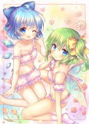 Rule 34 | 2girls, ;d, ahoge, bare arms, bare legs, bare shoulders, barefoot, bloomers, blue bow, blue eyes, blue hair, blue wings, blush, bow, bra, breasts, cirno, cleavage, closed mouth, coa (chroo x), commentary request, daiyousei, detached sleeves, fairy wings, green hair, groin, hair bow, ice, ice wings, long hair, looking at viewer, looking to the side, multiple girls, navel, no socks, one eye closed, one side up, open mouth, panties, puffy short sleeves, puffy sleeves, short sleeves, sitting, small breasts, smile, socks, soles, strap slip, touhou, transparent, transparent wings, underwear, underwear only, wariza, white bloomers, white bra, white legwear, white panties, white sleeves, wings, yellow bow