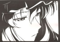 Rule 34 | 1girl, close-up, eyelashes, fey (feyxfey), framed, greyscale, hat, kirigami, long hair, looking to the side, mob cap, monochrome, parted lips, pointy nose, solo, touhou, yakumo yukari