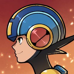 Rule 34 | 1boy, akairiot, capcom, commission, from side, gradient background, green eyes, mega man (series), mega man battle network, mega man battle network (series), megaman.exe, orange background, portrait, profile, red background, smile, solo, sparks