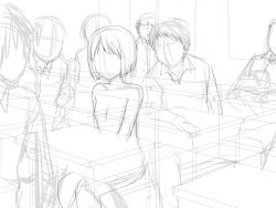 Rule 34 | 1girl, 6+boys, bad id, bad pixiv id, bob cut, chair, chupimaro, classroom, clothed male nude female, desk, exhibitionism, flat chest, greyscale, highres, indoors, monochrome, multiple boys, nude, perspective, public indecency, school, short hair, sitting, sketch, unfinished