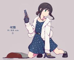 Rule 34 | 1girl, alternate costume, anchor print, anchor symbol, arm support, backpack, bag, belt, black hair, blue dress, blush, closed mouth, commentary request, drawstring, dress, fingerless gloves, fubuki (kancolle), full body, gloves, green eyes, grey background, gun, handgun, holding, holding weapon, hood, hooded jacket, jacket, kantai collection, kneeling, looking to the side, low ponytail, nakaaki masashi, open clothes, polka dot, polka dot dress, ponytail, shoes, short ponytail, sidelocks, simple background, solo, weapon, white jacket