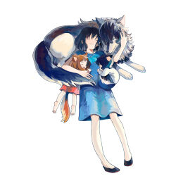 Rule 34 | 2girls, affectionate, ame (ookami kodomo), animal, animal ears, barefoot, black footwear, black hair, blue dress, bob cut, brown hair, cat ears, child, closed eyes, closed mouth, commentary request, dog, dress, family, flats, full body, hana (ookami kodomo), happy, lying, medium hair, mother and daughter, mother and son, multiple boys, multiple girls, on back, ookami kodomo no ame to yuki, open mouth, red dress, shoes, short hair, simple background, sleeping, smile, sokoko, soles, tail, white background, wolf, wolf boy, wolf ears, wolf girl, wolf tail, yuki (ookami kodomo)