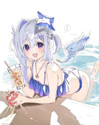 Rule 34 | 1girl, :d, alternate costume, amane kanata, angel wings, apple, asymmetrical hair, bikini, blue bikini, blue hair, blush, breasts, colored inner hair, commentary, crushing, cup, detached wings, drink, drinking straw, fang, food, frilled bikini, frills, fruit, hair between eyes, hair ornament, hairclip, halo, highres, holding, holding cup, hololive, jewelry, long hair, looking at viewer, multicolored hair, musical note, necklace, open mouth, partially submerged, pink hair, pool, poolside, purple eyes, shuri (84k), side ponytail, silver hair, simple background, single hair intake, skin fang, small breasts, smile, solo, spoken musical note, star (symbol), star necklace, streaked hair, swimsuit, virtual youtuber, white background, wings