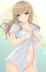 Rule 34 | 1girl, :3, bad id, bad pixiv id, blue eyes, blue shirt, blush, breasts, cleavage, closed mouth, collarbone, collared shirt, contrapposto, cowboy shot, dressing, gradient background, groin, head tilt, highres, light brown hair, long hair, looking at viewer, mashuu (neko no oyashiro), medium breasts, naked shirt, navel, original, partially visible vulva, pussy juice, pussy juice trail, shiny skin, shirt, short sleeves, smile, solo, standing, stomach, unbuttoned, unbuttoned shirt, wing collar