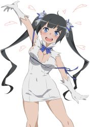 Rule 34 | 1girl, arm up, bare shoulders, black hair, blue bow, blue eyes, blush, bow, breasts squeezed together, breasts, cleavage, cleavage cutout, clothing cutout, covered navel, dress, dungeon ni deai wo motomeru no wa machigatteiru darou ka, fukushi ryouhei, gloves, hair ribbon, hestia (danmachi), highres, large breasts, looking at viewer, open mouth, ribbon, simple background, skindentation, sleeveless, sleeveless dress, smile, solo, torn clothes, torn sleeves, twintails, waving, white background, white dress, white gloves
