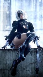 Rule 34 | 1girl, android, ass, black dress, black hairband, boots, cosplay, dress, feather-trimmed sleeves, gloves, high heel boots, high heels, juliet sleeves, long sleeves, nier (series), nier:automata, photo (medium), puffy sleeves, short hair, thigh boots, thighhighs, thighhighs under boots, white hair, 2b (nier:automata)