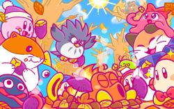 Rule 34 | 1girl, 5boys, autumn, autumn leaves, beanie, bird, blush stickers, bobblehat, bow, bowtie, cat, chuchu (kirby), commentary request, con (kirby), coo (kirby), eating, fish, food, fox, gooey (kirby), hamster, hat, hot head (kirby), kine (kirby), kirby, kirby&#039;s dream land 3, kirby (series), leaf, multiple boys, nago (kirby), nintendo, no humans, octopus, official art, owl, pitch (kirby), pon (kirby), rick (kirby), roasting, sun, sweet potato, tanuki, tree, waddle dee