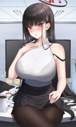 Rule 34 | 1girl, arm at side, bare shoulders, black bra, black hair, black halo, black pantyhose, black skirt, blue archive, blunt bangs, bra, bra visible through clothes, breasts, bright pupils, commentary, desk, hair ornament, hairclip, halo, hand on own chest, hand up, highres, indoors, large breasts, long hair, looking at viewer, on desk, open mouth, outstretched hand, pantyhose, red eyes, red halo, rio (blue archive), see-through, sitting, on desk, skirt, solo, soo ou, strap slip, sweater, turtleneck, turtleneck sweater, underwear, very long hair, white pupils, white sweater