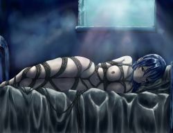 Rule 34 | 10s, 1girl, arms behind back, bdsm, bed, blue eyes, blue hair, bondage, bound, breast bondage, breasts, closed mouth, hai to gensou no grimgar, highres, medium breasts, merry (grimgar), nipples, nude, shier&#039;s web, solo, tears