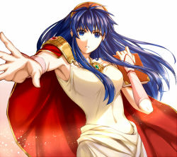 Rule 34 | 1girl, aged up, blue eyes, blue hair, breasts, cloak, collarbone, covered navel, delsaber, dress, fire emblem, fire emblem: the binding blade, floating hair, hair between eyes, holding, lilina (fire emblem), long hair, medium breasts, nintendo, outstretched arm, outstretched hand, parted lips, red cloak, simple background, sleeveless, sleeveless dress, solo, very long hair, white background, white dress