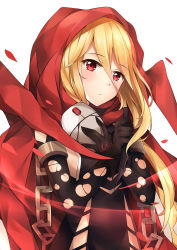 Rule 34 | 1girl, black dress, black gloves, blonde hair, cape, commentary request, dress, elbow gloves, evileye (overlord), gem, gloves, hair between eyes, highres, holding, holding mask, hood, hood up, hooded cape, long hair, mask, unworn mask, overlord (maruyama), red cape, red eyes, red gemstone, simple background, solo, white background, yukinoshita (shaonjishi)