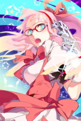 Rule 34 | 1girl, aqua eyes, breasts, dress, earrings, frills, glasses, gloves, hairband, jewelry, large breasts, long hair, lowres, magical girl, maron (sword girls), open mouth, pink hair, ponytail, ribbon, skirt, solo, star (symbol), sword girls