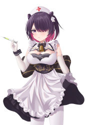 Rule 34 | 1girl, absurdres, azur lane, bell, black ribbon, black wrist cuffs, breasts, cleavage cutout, clothing cutout, cone hair bun, dress, elbow gloves, frilled dress, frills, gloves, hair bun, hair over one eye, hat, highres, holding, holding syringe, jervis (azur lane), large breasts, maid, neck bell, nurse cap, pantyhose, purple eyes, purple hair, ribbon, short hair, simple background, standing, syringe, white background, white dress, white gloves, white pantyhose, wrist cuffs, yami (darknight449)