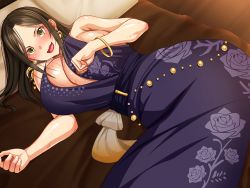 Rule 34 | 1girl, amamiya (abaros), bare arms, bed, black hair, blush, bracelet, breasts, cleavage, dress, earrings, from above, green eyes, huge breasts, idolmaster, idolmaster cinderella girls, indoors, jewelry, kouno (masao), legs, legs together, long hair, looking at viewer, lying, mukai takumi, on bed, on side, open mouth, pillow, purple dress, saberfish, shiny skin, sleeveless, solo, thighs
