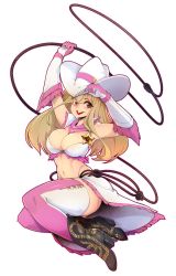 Rule 34 | :d, ankle boots, bad id, bad twitter id, bandana, bikini, black footwear, blonde hair, boots, breasts, commentary, commission, cowboy hat, elbow gloves, english commentary, full body, glint, gloves, green eyes, hand on headwear, hand up, hat, high heel boots, high heels, highres, holding lasso, large breasts, lasso, lipstick, long hair, looking at viewer, makeup, multicolored clothes, multicolored gloves, multicolored legwear, navel, open mouth, original, pink gloves, pink thighhighs, red lips, sheriff badge, simple background, slugbox, smile, solo, swimsuit, thighhighs, waist cape, white background, white gloves, white hat, white thighhighs