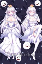 Rule 34 | 1girl, bed, bed sheet, blush, boo (mario), breasts, cleavage, crown, daki-makura, dakimakura (medium), dress, gem, headpiece, highres, jewelry, large breasts, long hair, long sleeves, looking at viewer, luigi&#039;s mansion, lying, mario (series), moe market, new super mario bros. u deluxe, nintendo, open mouth, princess king boo, purple eyes, resized, shy, smile, solo focus, super crown, thighhighs, tongue, tongue out, upscaled, very long hair, watermark, white dress, white hair