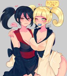 Rule 34 | 2girls, armpit crease, artist name, black hair, blonde hair, bow, breast on breast, breasts, cleavage, condom, condom in mouth, creatures (company), detached sleeves, double-parted bangs, english text, furisode, furisode girl (pokemon), furisode girl kali, furisode girl katherine, game freak, grey background, hair between eyes, hair tie, heart, heart-shaped pupils, highres, japanese clothes, kimono, large breasts, loose hair strand, medium breasts, mouth hold, multiple girls, nervous, nervous sweating, nintendo, obi, one eye closed, pokemon, pokemon xy, red eyes, ruinique, sash, short hair, signature, simple background, sweat, symbol-shaped pupils, twintails, yellow eyes