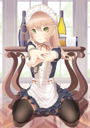 Rule 34 | 1girl, bad id, bad pixiv id, black hair, blonde hair, blush, bottle, cuffs, green eyes, handcuffs, highres, long hair, looking at viewer, maid headdress, original, own hands together, sitting, solo, table, thighhighs, throtem, wariza, wine bottle