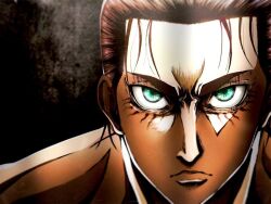 Rule 34 | 1boy, brown hair, close-up, daisx (dais0115), eren yeager, frown, glowing, glowing eyes, loose hair strand, male focus, nude, portrait, shingeki no kyojin, solo, straight-on, thick eyebrows