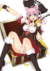Rule 34 | 1girl, :d, animal ears, blush, boots, breasts, cat ears, cat girl, cleavage, coin, covered erect nipples, female focus, frills, ganari ryuu, gold, green eyes, hat, headphones, headset, knee boots, large breasts, long hair, looking at viewer, open mouth, original, panties, pantyshot, pink hair, pirate, pirate hat, saber (weapon), simple background, sitting, skirt, smile, solo, super tama musume, sword, tamatoys, treasure chest, underwear, weapon, white background, white panties