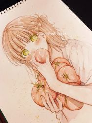 Rule 34 | 1girl, blush, braid, brown hair, closed mouth, commentary request, copyright request, food, green eyes, highres, holding, holding food, long hair, looking at viewer, notepad, photo (medium), puffy short sleeves, puffy sleeves, shirt, short sleeves, smile, sofra, solo, tomato, traditional media, white shirt