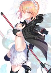 Rule 34 | 1girl, aiming, aiming at viewer, apron, artoria pendragon (alter swimsuit rider) (fate), artoria pendragon (alter swimsuit rider) (second ascension) (fate), artoria pendragon (fate), bikini, bikini top only, black bikini, black footwear, black skirt, black thighhighs, blonde hair, blush, braid, breasts, closed mouth, fate/grand order, fate (series), french braid, frilled apron, frilled bikini, frills, from side, gangsta hold, gun, hair between eyes, hakuishi aoi, highres, holding, holding gun, holding weapon, hood, hoodie, looking at viewer, maid, maid bikini, maid headdress, mary janes, medium breasts, mop, open clothes, open hoodie, over-kneehighs, shoes, sideboob, sidelocks, skirt, solo, swimsuit, thighhighs, tsurime, unconventional maid, waist apron, weapon, yellow eyes, zoom layer
