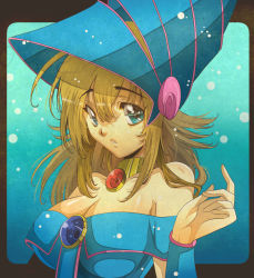Rule 34 | 1girl, aikosu (icos), aqua background, aqua eyes, bare shoulders, breasts, cleavage, dark magician girl, duel monster, gradient background, hair between eyes, hand up, hat, large breasts, looking at viewer, parted lips, shadow, solo, upper body, wizard hat, yu-gi-oh!, yu-gi-oh! duel monsters