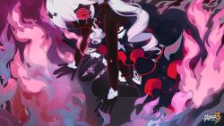 Rule 34 | 1girl, bare shoulders, black dress, chinese commentary, dress, flower, hand on floor, highres, honkai (series), honkai impact 3rd, kneeling, logo, long hair, looking down, m legs, no eyes, official art, official wallpaper, on floor, open hands, rose, solo, theresa apocalypse, theresa apocalypse (luna kindred), twintails, white hair